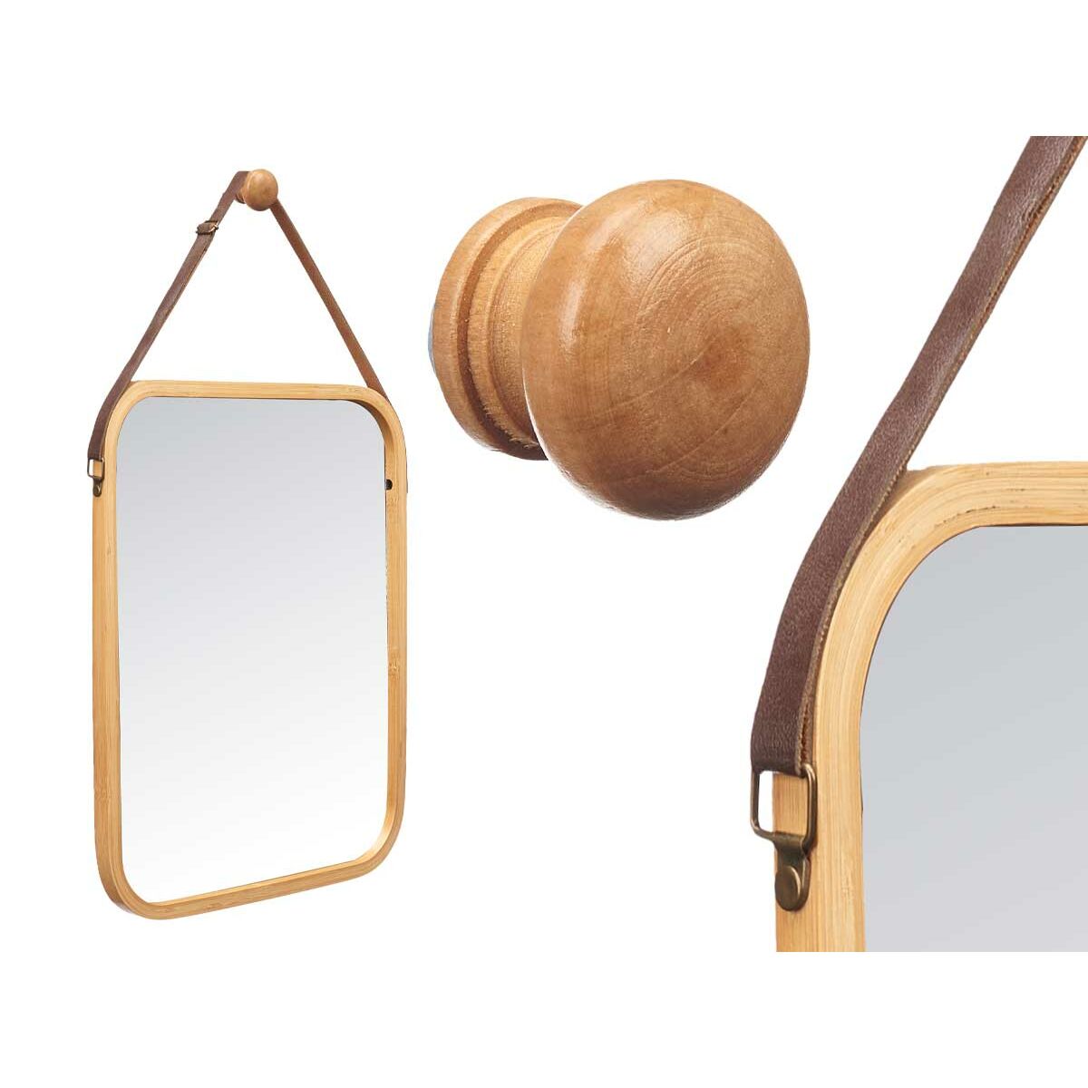 Hanging mirror Natural Leather Bamboo Rectangular 34 x 41,5 x 1,5 cm (6 Units)-2